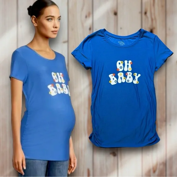 ✨ Time & Tru Blue Oh Baby 70s Floral Soft Maternity Shirt - Picture 3 of 7